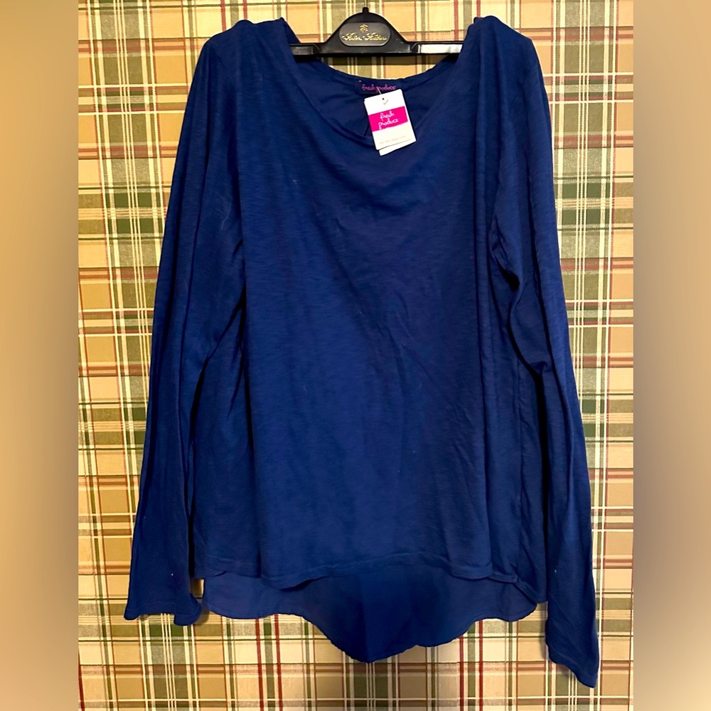 NWT New Fresh Produce Gemma Drape Tulip Back Top Navy Moonlight Blue Cotton XL